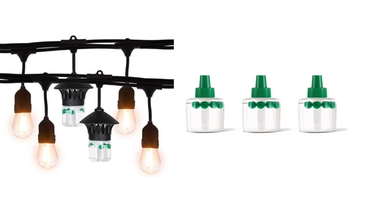 Three TIKI repellent pods and a few hanging light bulbs on a white background