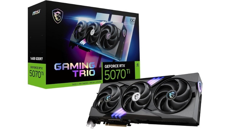 A render of the MSI Gaming Trio RTX 5070 Ti graphics card with its box with a white background