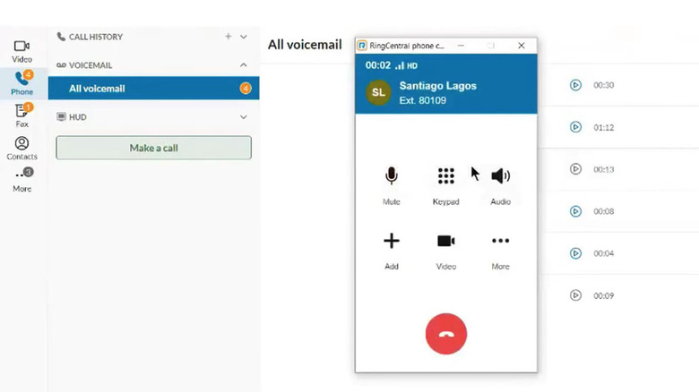 RingCentral dashboard with active call