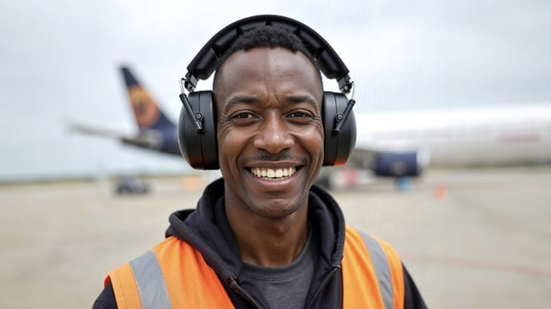 man wearing earmuffs near plane