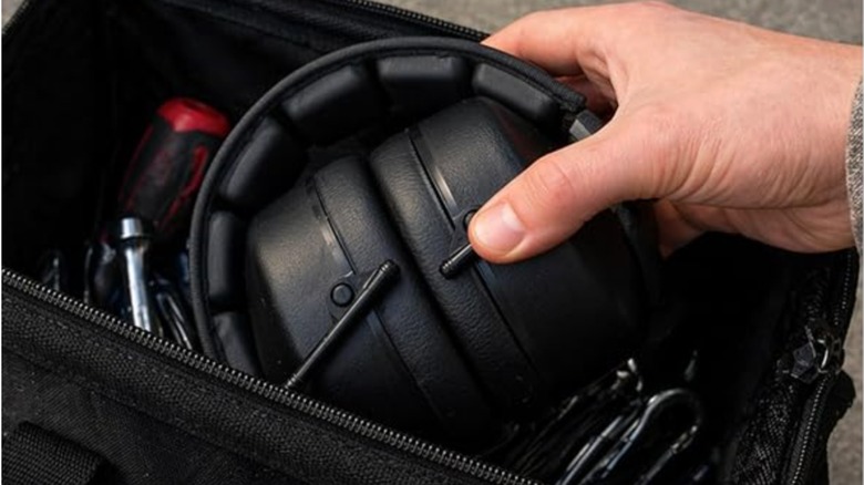 folded hearing protection earmuffs in a bag