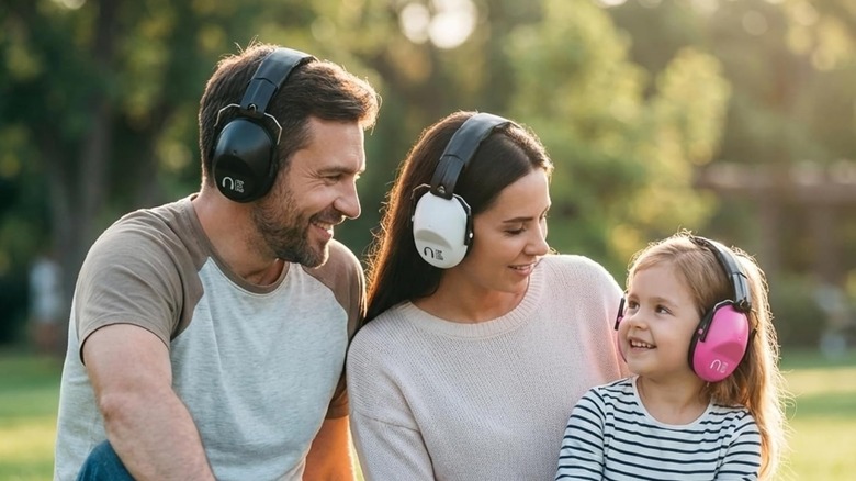 family wearing hearing protection ear muffs