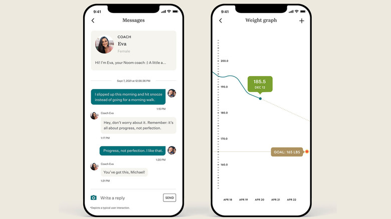 Noom app UI coach and weight graph