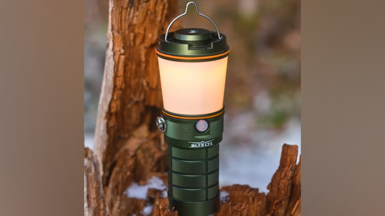 A Sofirn lantern on a tree stump in the woods