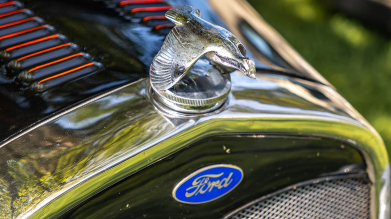 A close-up on an old chromed Ford grill badge and bird emblem.
