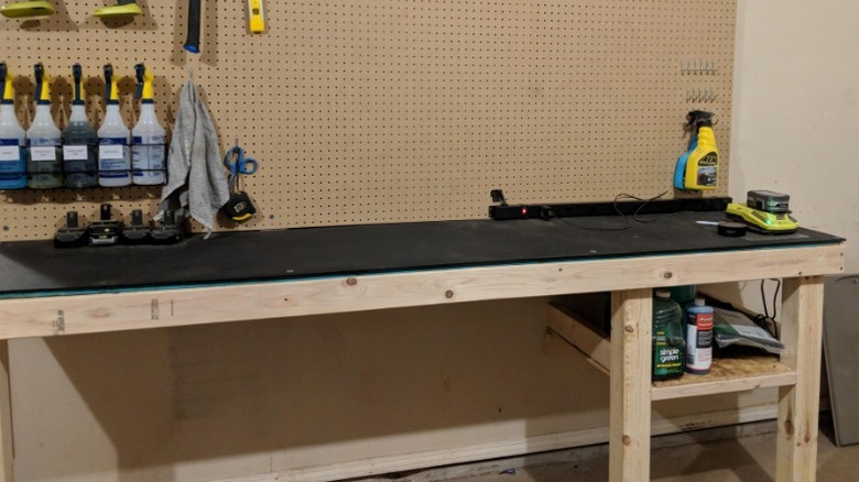 Workbench topped with HDPE in garage
