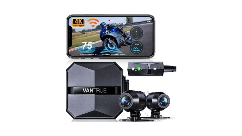 Vantrue F1 4K dashcam with a smartphoen showing the video feed
