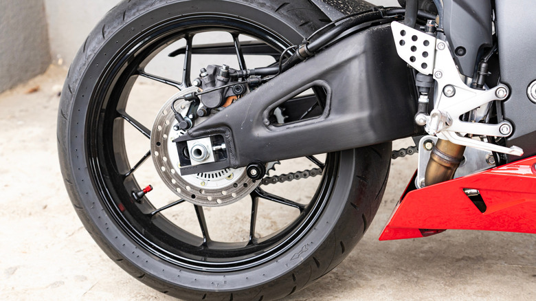 The rear wheel of a motorcycle