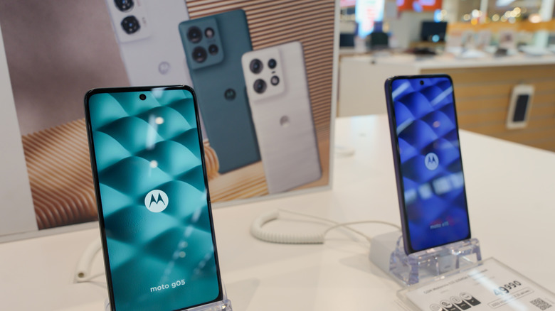 Motorola phones on display at a store