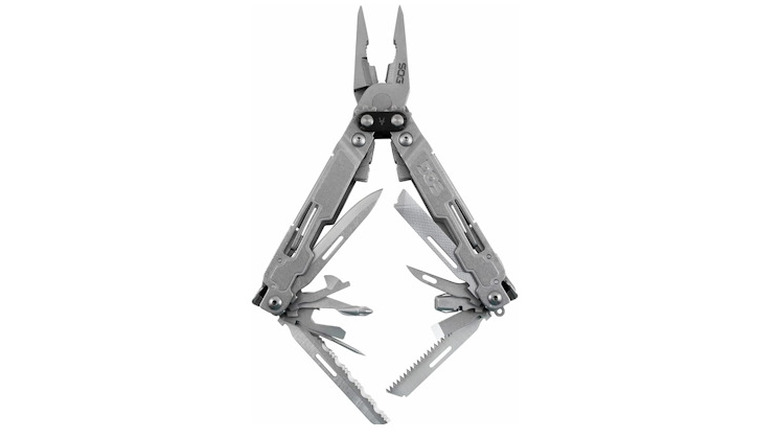 Silver SOG PowerAccess Deluxe with pliers and tools out, on a white background