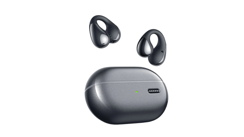 Light grey SoundPeats PearlClip Pro earbuds on a white background