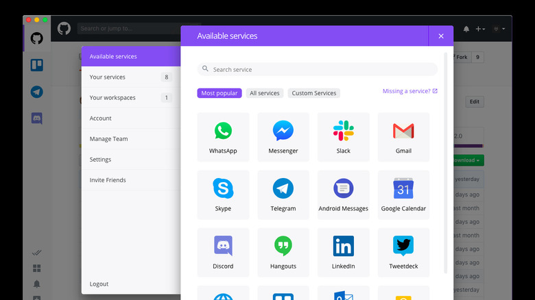 Ferdium App Available Services Screen