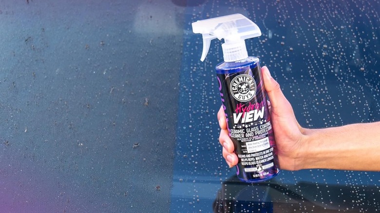 Before and after comparison of windshield with Chemical Guys HydroView spray