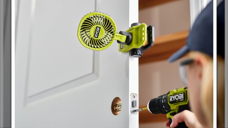 Ryobi USB Lithium Clamp Fan in use as a Ryobi drill is also used