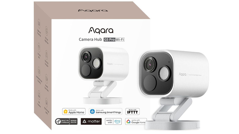 Aqara Smart Camera Hub box next to the camera on a white background