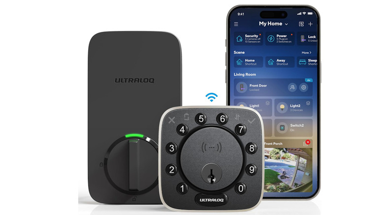 Ultraloq and keypad next to a smartphone with the security application