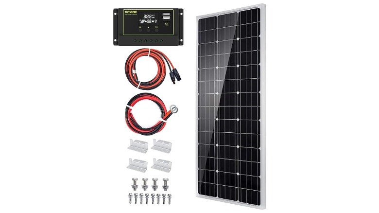 Solar panel, two cables, charge controller on a white background