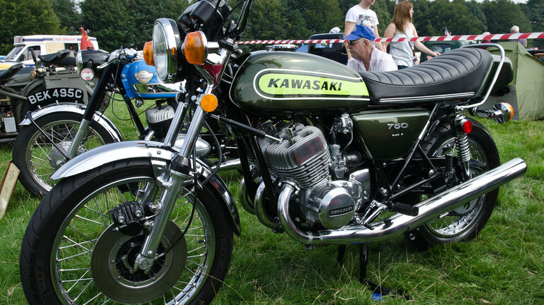 side view of a 1974 Kawasaki H2 Mach IV 750 at a bike show