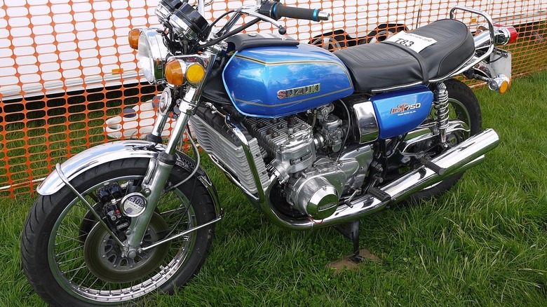 side profile view of a 1975 Suzuki GT750 motorcycle