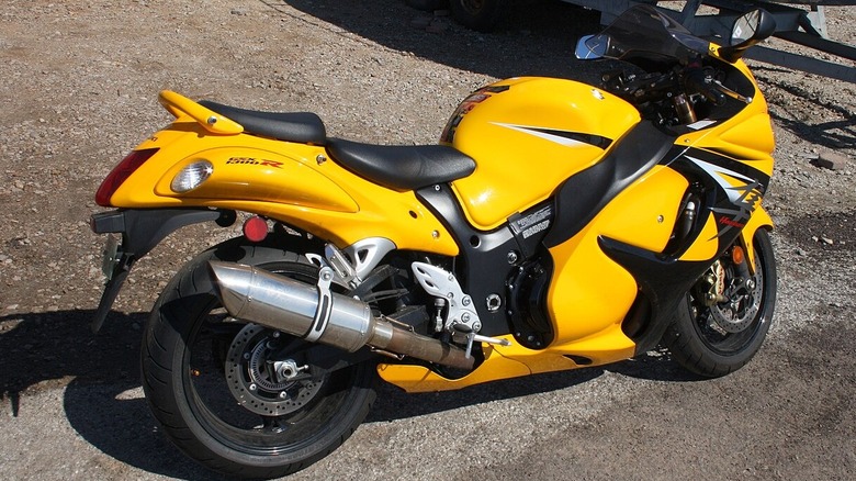 side rear profile view of a yellow Suzuki Hayabusa GSX1300R