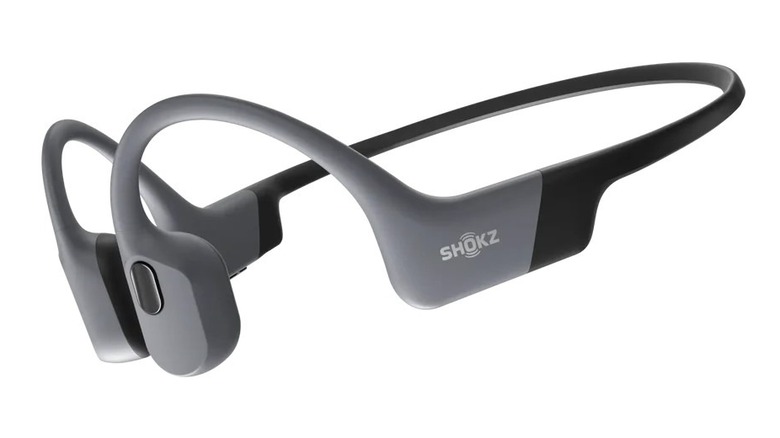 Shokz OpenSwim Pro black and gray bone conductor headphones on a white background