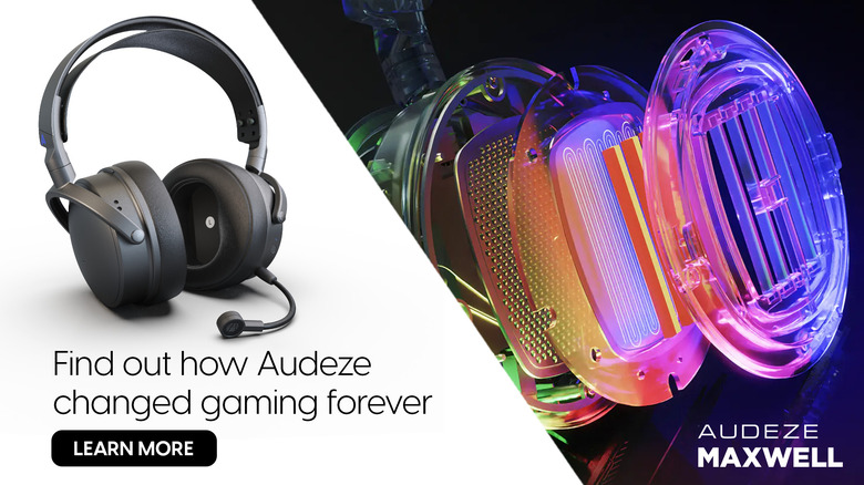 Image on left depicts an Audeze Maxwell gaming headset against a white background, and image on right depicts the internal construction of the Maxwell headset in glowing lights