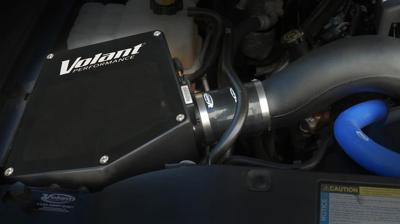 A Volant Performance cold air intake system installed on a Vortec engine.