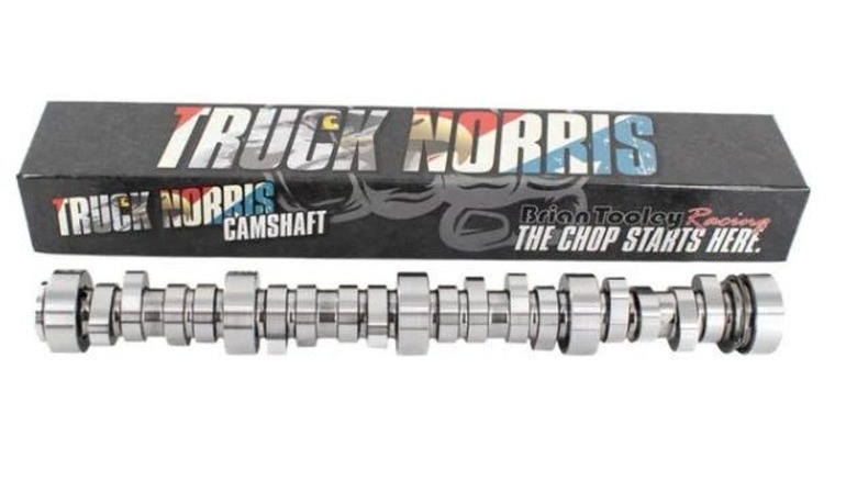 Brian Tooley Racing Truck Norris camshaft displayed in front of its branded box.