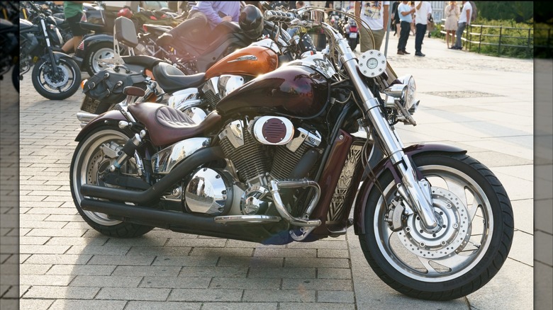 The Honda VTX cruiser parked on a bricks.