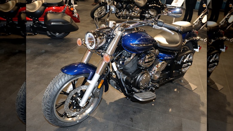 A Yamaha V Star 950 on a showroom floor.