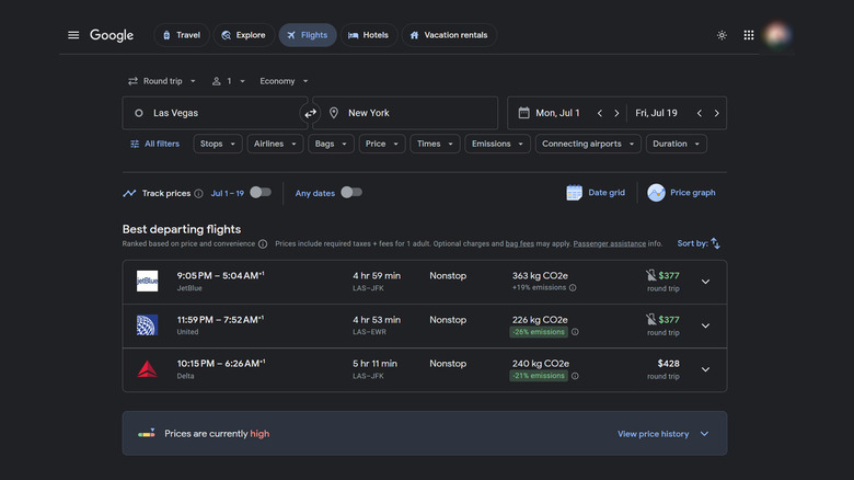 google flights search page