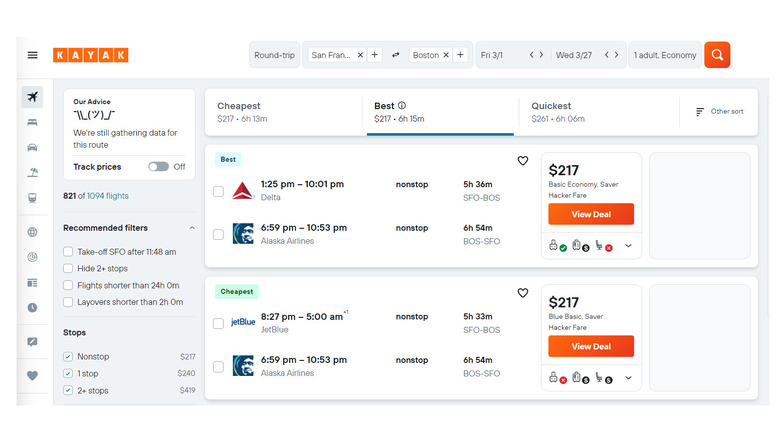 kayak flights search results page