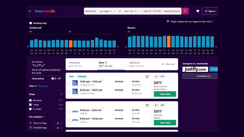 momondo flight search page