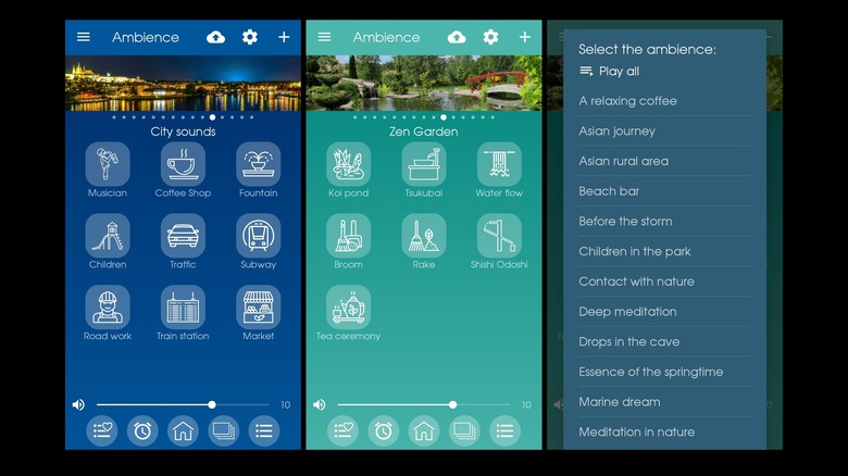 Ambience white noise Android app screens