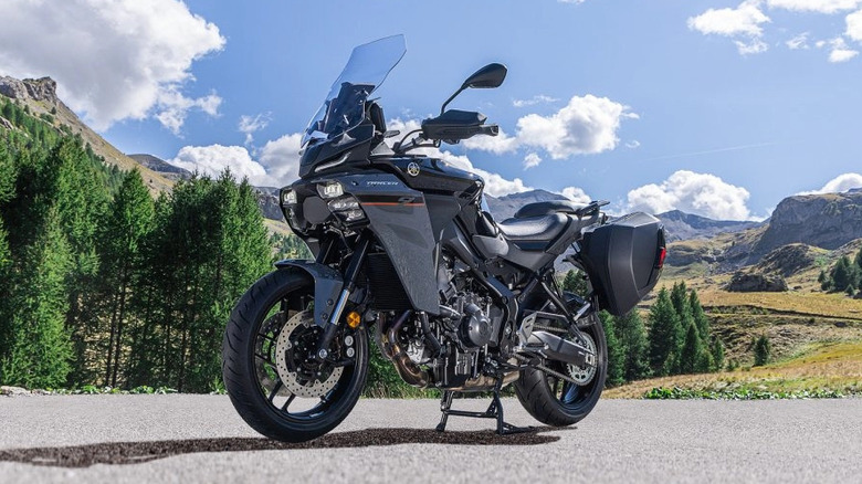 Yamaha Tracer 9 parked with the center stand up