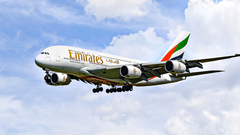 Emirates Airbus A380 landing in Barcelona