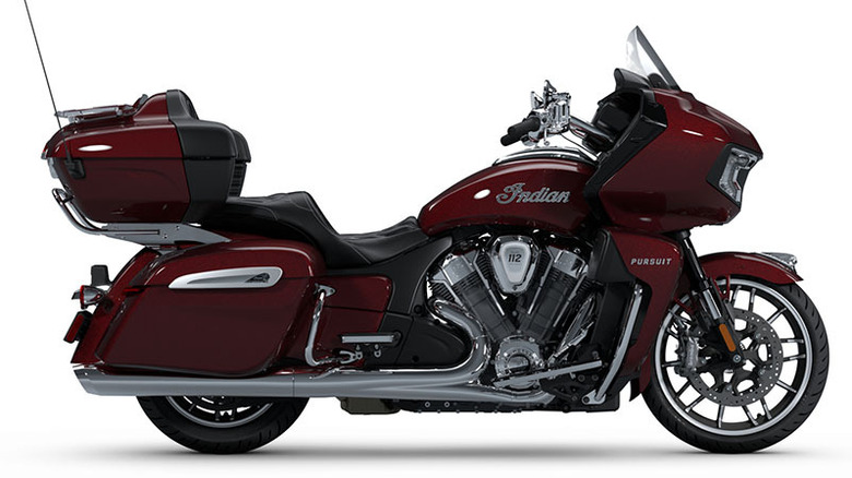 A maroon metallic Indian Pursuit Limited motorcycle