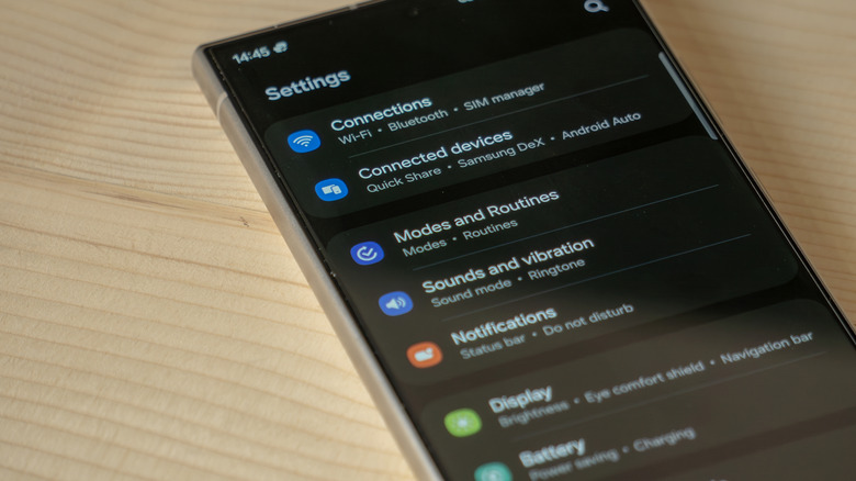 The Settings menu on a Samsung smartphone.