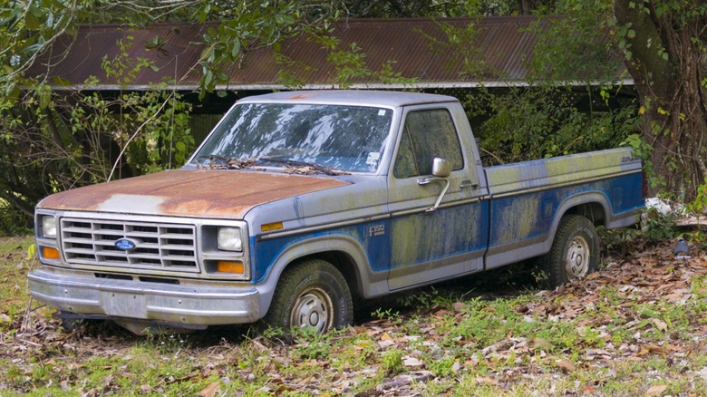an old, rusty, abandoned Ford pickup truck