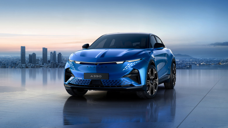 A side on shot of a blue 2026 Alpine A390