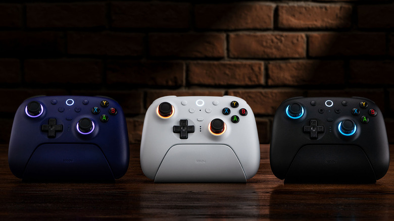 8BitDo Ultimate 2 wireless controllers on charging stands