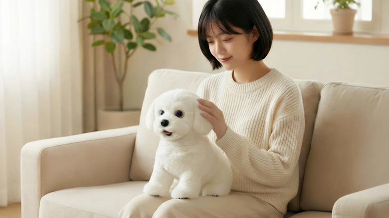 Woman sitting on a sofa with an Ecovacs LilMilo robot dog in her lap
