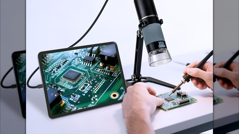 A USB microscope camera running through a tablet showing someone doing circuitry.