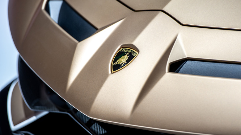 Logo on the front of a Lamborghini Aventador SVJ Roadster