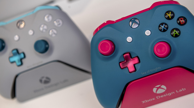 Two custom controllers from Xbox Design Lab.
