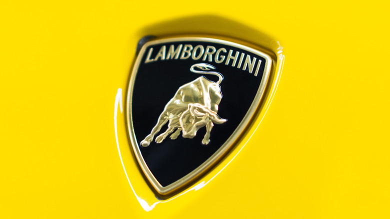 The modern Lamborghini logo on a yellow car