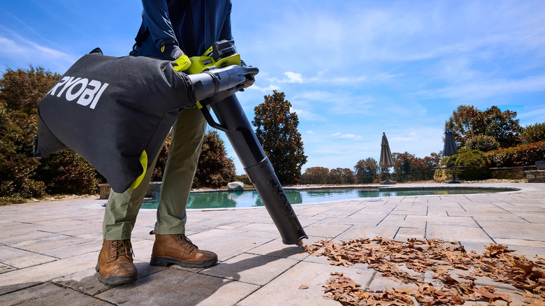 Ryobi 40V HP leaf vacuum/mulcher (RY40HPLB03B) in action near a pool