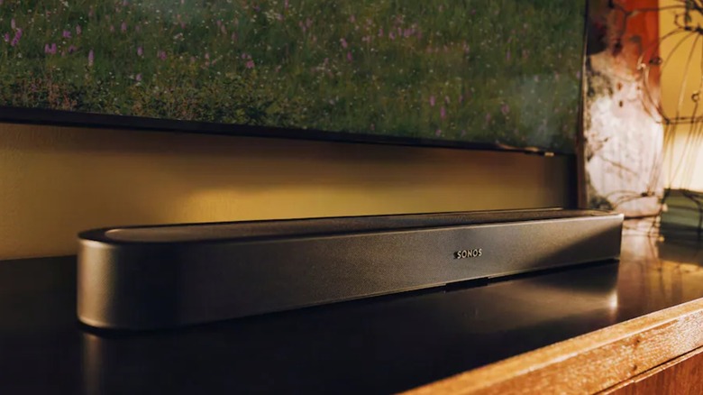A Sonos Beam Ultra 7.1.2 Channel Wireless Smart Soundbar sitting under a TV