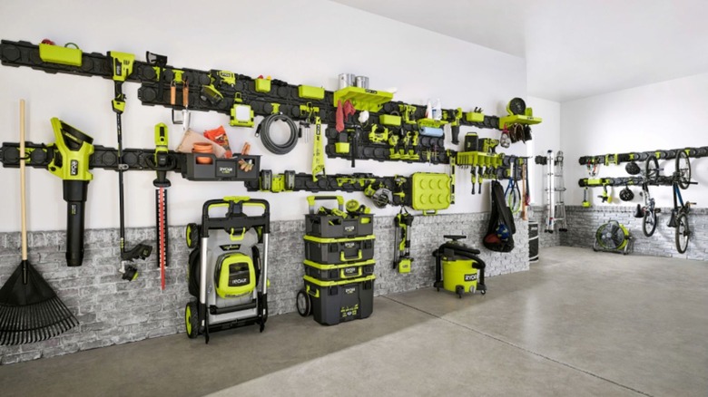 Ryobi Link modular storage system in place in a garage with tools and accessories attached