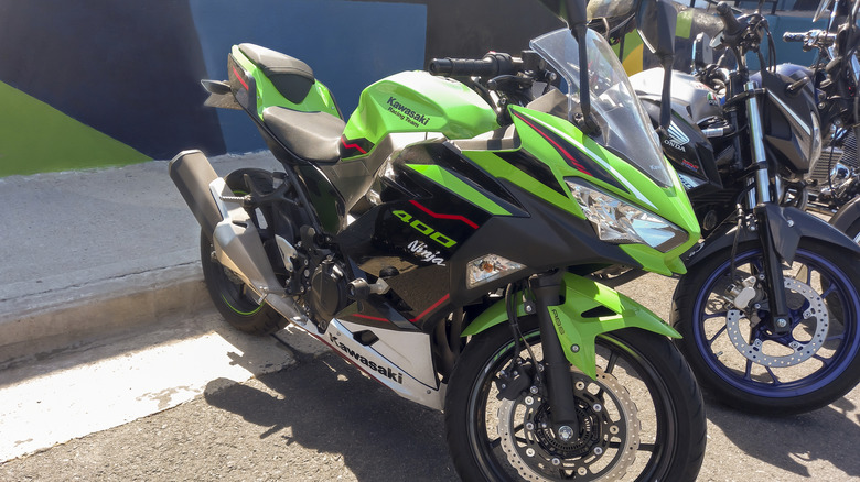 Shot of a modern green 2018 Kawasaki Ninja 400 sport motorcycle